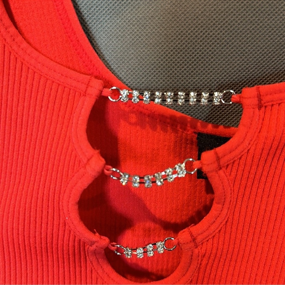 Red Ribbed Tank Top with Rhinestones - Picture 3 of 4